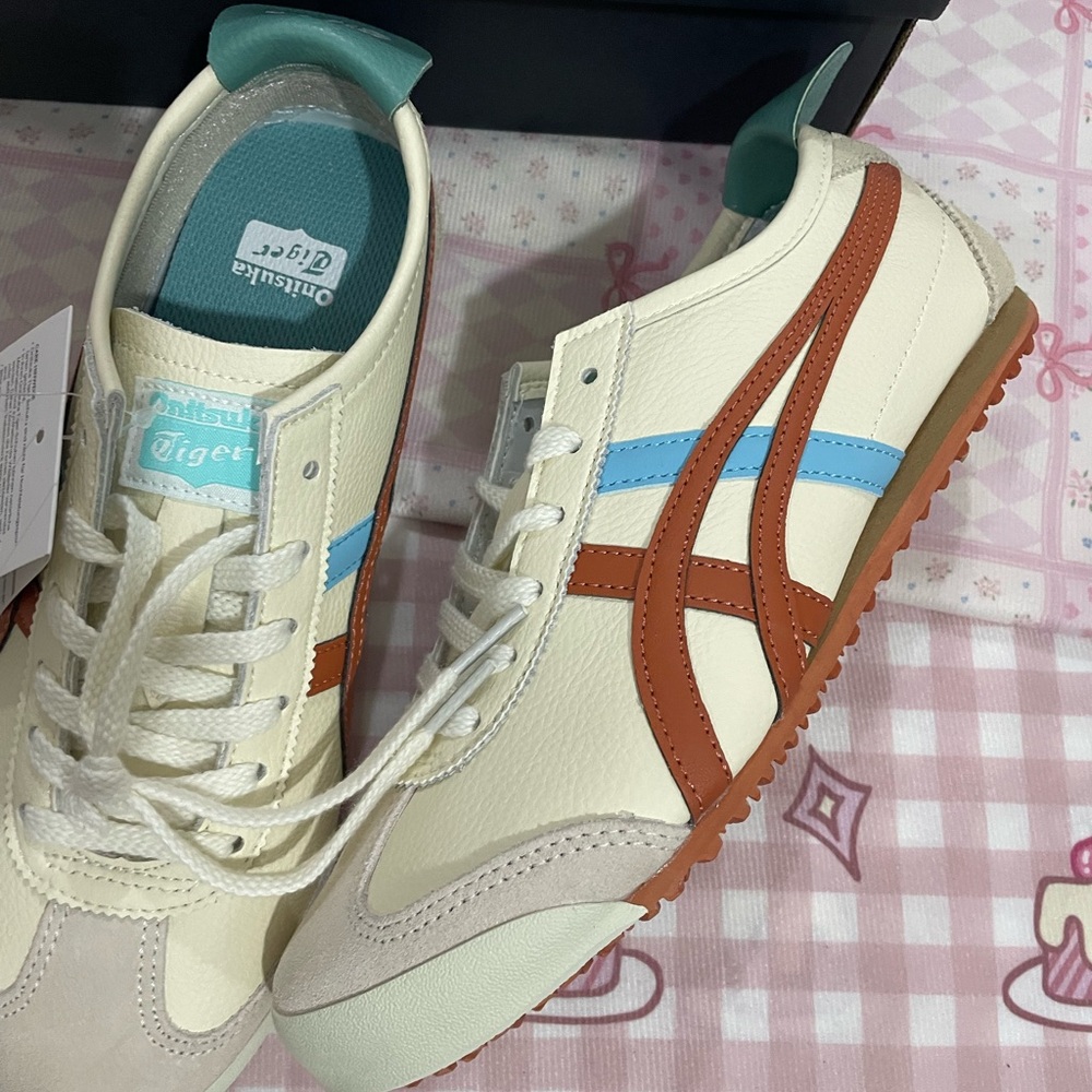 Onitsuka Tiger Cream Sneakers with Rust & Light Blue Stripes - Picture 7 of 9